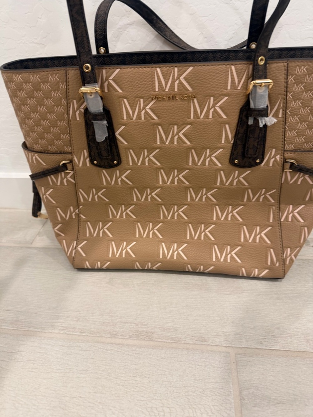 Michael Kors Tan MK Logo Shoulder Tote with Brown Trim - Picture 5 of 6